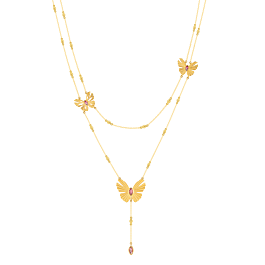 Farfasha Sunkiss Butterfly Two Layered Necklace in 18K Yellow Gold With Three Butterflies and Pink Tourmaline