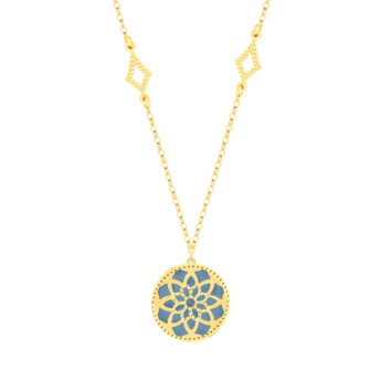 قلادة أميليا مدينة من الذهب الأصفر عيار 18 قيراط مرصعة بعرق اللؤلؤ الأزرق السماوي والأبيض