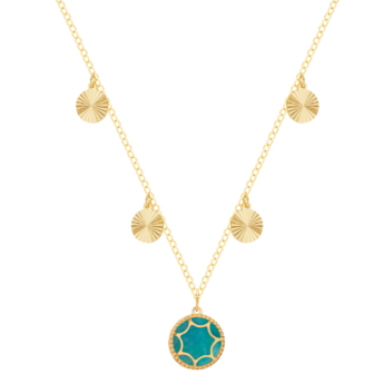 Amelia Roma Multiple Motif Necklace 18K Yellow Gold With Turquoise Pink Coloured Mother of Pearl