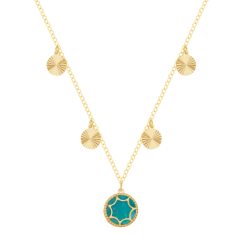 Amelia Roma Multiple Motif Necklace 18K Yellow Gold With Turquoise Pink Coloured Mother of Pearl
