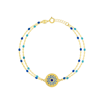 Amelia Athens 18k Yellow Gold Double Chain Bracelet with Blue and White Mother of Pearl and Enamel Beads