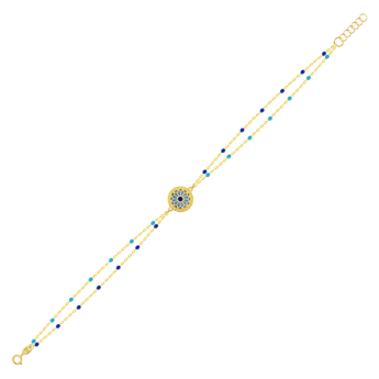 Amelia Athens 18k Yellow Gold Double Chain Bracelet with Blue and White Mother of Pearl and Enamel Beads