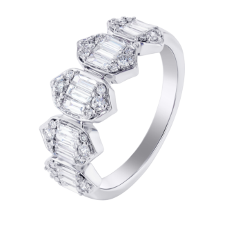 Palace Baguette Five Motif Diamond Ring 18K White Gold 