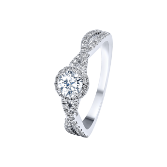 Damas Engagement 0.5 Carat Round Brilliant Diamond Engagement Ring With Double Overlapping Diamond Studded Band 