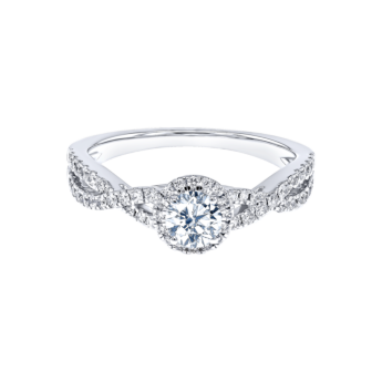 Damas Engagement 0.5 Carat Round Brilliant Diamond Engagement Ring With Double Overlapping Diamond Studded Band 