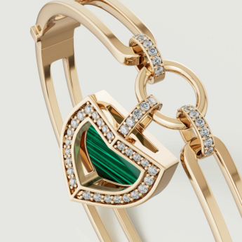 Dome Art Deco Yellow Gold Bangle with Malachite and Diamond