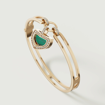 Dome Art Deco Yellow Gold Bangle with Malachite and Diamond