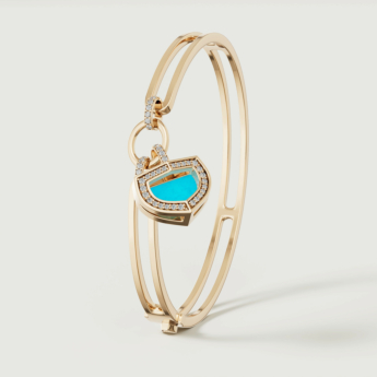 Dome Art Deco Yellow Gold Bangle with Turquoise and Diamond