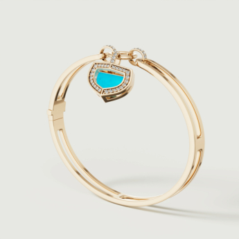 Dome Art Deco Yellow Gold Bangle with Turquoise and Diamond