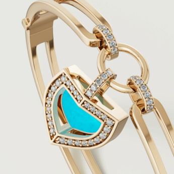 Dome Art Deco Yellow Gold Bangle with Turquoise and Diamond