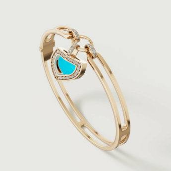 Dome Art Deco Yellow Gold Bangle with Turquoise and Diamond