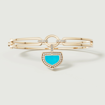 Dome Art Deco Yellow Gold Bangle with Turquoise and Diamond