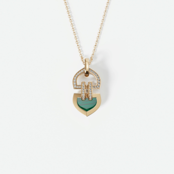 Dome Art Deco Double 18k Yellow Gold Diamond and Malachite Necklace