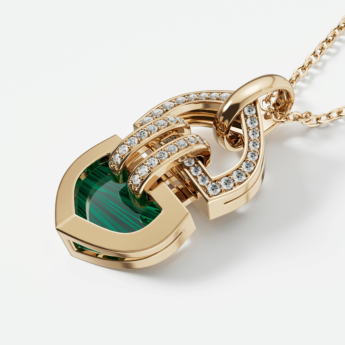 Dome Art Deco Double 18k Yellow Gold Diamond and Malachite Necklace