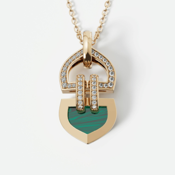 Dome Art Deco Double 18k Yellow Gold Diamond and Malachite Necklace