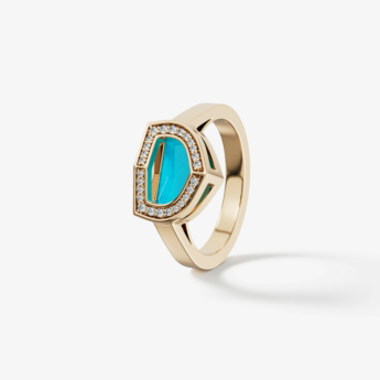 خاتم دوم آرت ديكو بالذهب الأصفر مع الفيروز والألماس