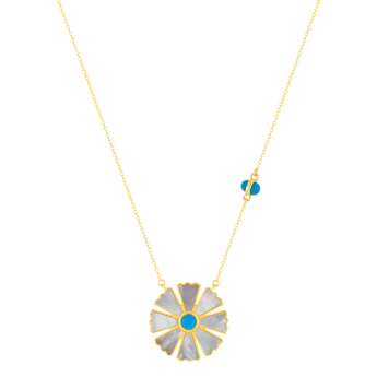 قلادة فرفشة من الذهب الأصفر عيار 18 قيراط مع زهرة العرفج وحجر الفيروز وعرق اللؤلؤ الابيض