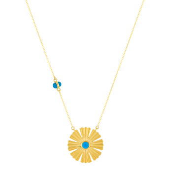 قلادة فرفشة من الذهب الأصفر عيار 18 قيراط مع زهرة العرفج وحجر الفيروز وعرق اللؤلؤ الابيض