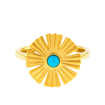 خاتم فرفشة من الذهب الأصفر عيار 18 قيراط مع زهرة العرفج الذهبية وحجر الفيروز الكريم