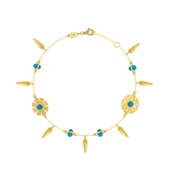 Farfasha Sunkiss Bracelet in 18K Yellow Gold With Two Arfaj Flowers, Flower Buds, and Turquoise