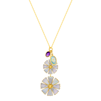 قلادة فرفشة سانكيس غاردن من الذهب الأصفر عيار 18 قيراط مرصع بأحجار الجمشت والتوباز الأزرق وعرق اللؤلؤ