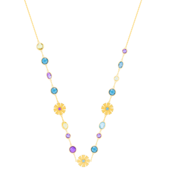 عقد ضيق (شوكر) فرفشة سانكيس غاردن من الذهب الأصفر عيار 18 قيراط مرصع بأحجار الجمشت والتوباز الأزرق اللندني والتوباز الأزرق والكوارتز الليموني 