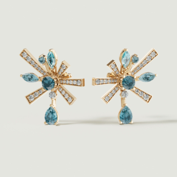 Fireworks Sparkles 18k Yellow Gold Diamond, Blue Topaz & London Topaz Earrings