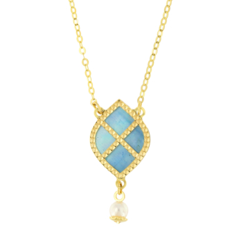 Kiku Arabiya 18k Yellow Gold Necklace With Blue and White Mother of Pearl and White Freshwater Pearl