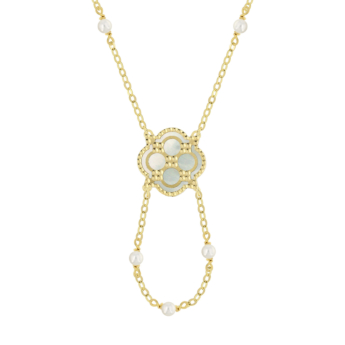 Kiku Arabiya 18k Yellow Gold Necklace With Electric Blue and White Mother of Pearl and White Freshwater Pearl