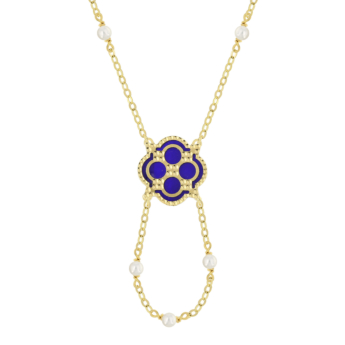 Kiku Arabiya 18k Yellow Gold Necklace With Electric Blue and White Mother of Pearl and White Freshwater Pearl