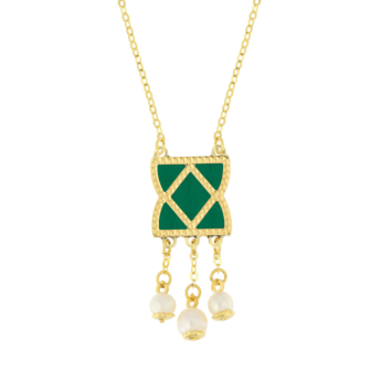 Kiku Arabiya 18k Yellow Gold Necklace With Green and White Mother of Pearl and White Freshwater Pearl