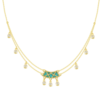 Kiku Arabiya 18k Yellow Gold Necklace With Turquoise and White Mother of Pearl and White Freshwater Pearl