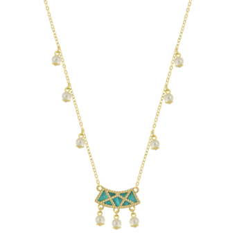 Kiku Arabiya 18k Yellow Gold Necklace With Green and White Mother of Pearl and White Freshwater Pearl