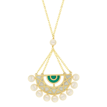 Kiku Arabiya 18k Yellow Gold Necklace With Green and White Mother of Pearl and White Freshwater Pearl