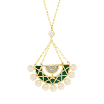 Kiku Arabiya 18k Yellow Gold Necklace With Green and White Mother of Pearl and White Freshwater Pearl