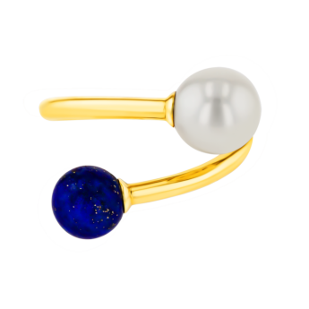Kiku Glow Open Ring in 18K Yellow Gold With a Freshwater Pearl and a Lapiz Lazuli Stone