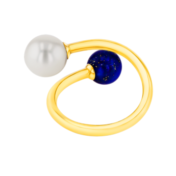 Kiku Glow Open Ring in 18K Yellow Gold With a Freshwater Pearl and a Lapiz Lazuli Stone