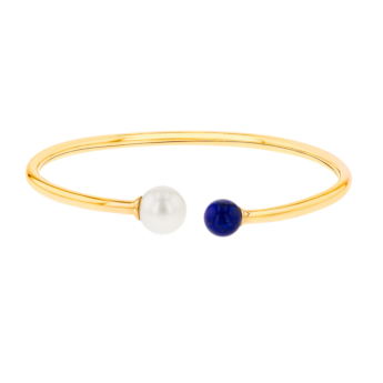 Kiku Glow Bangle in 18K Yellow Gold With a Freshwater Pearl and a Lapiz Lazuli Stone