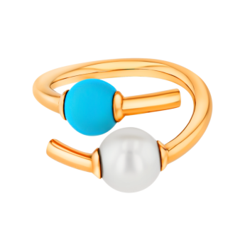 Kiku Glow Open Ring in 18K Yellow Gold With a Freshwater Pearl and a Turquoise Stone
