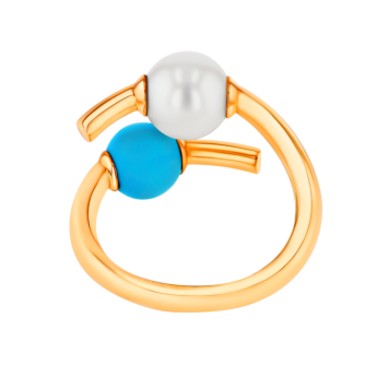 Kiku Glow Open Ring in 18K Yellow Gold With a Freshwater Pearl and a Turquoise Stone