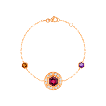 Kanzi Bracelet in 18K Rose Gold and studded with Raspberry Rhodolite Orange Citrine,
and Purple Amethyst