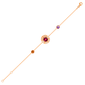 Kanzi Bracelet in 18K Rose Gold and studded with Raspberry Rhodolite Orange Citrine,
and Purple Amethyst