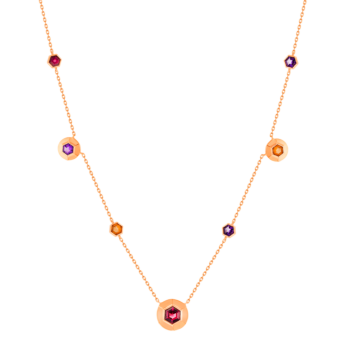 Kanzi Necklace in 18K Rose Gold and studded  with Raspberry Rhodolite Orange Citrine,
and Purple Amethyst