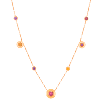 Kanzi Necklace in 18K Rose Gold and studded  with Raspberry Rhodolite Orange Citrine,
and Purple Amethyst
