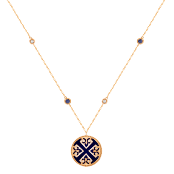 قلادة لايس من الذهب الوردي عيار 18 قيراط بميدالية واحدة مع حجر اللازورد والزفير الأزرق والألماس