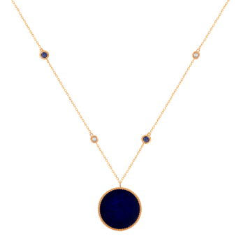 قلادة لايس من الذهب الوردي عيار 18 قيراط بميدالية واحدة مع حجر اللازورد والزفير الأزرق والألماس