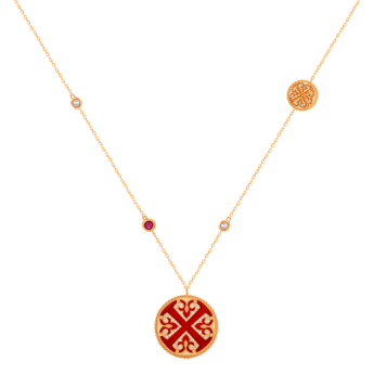 Lace Double Medallion Necklace in 18K Rose Gold With Red Carnelian, Ruby And Diamonds