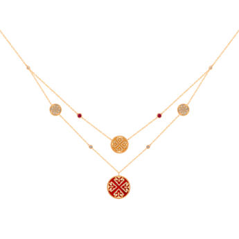 Lace Two-Layered Necklace in 18K Rose Gold Including Four Medallions With Red Carnelian, Ruby, White MOP And Diamonds