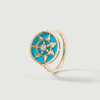 خاتم فرفشة شمس من الذهب الأصفر عيار 18 قيراط مرصع بالفيروز والألماس