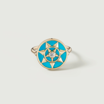 خاتم فرفشة شمس من الذهب الأصفر عيار 18 قيراط مرصع بالفيروز والألماس